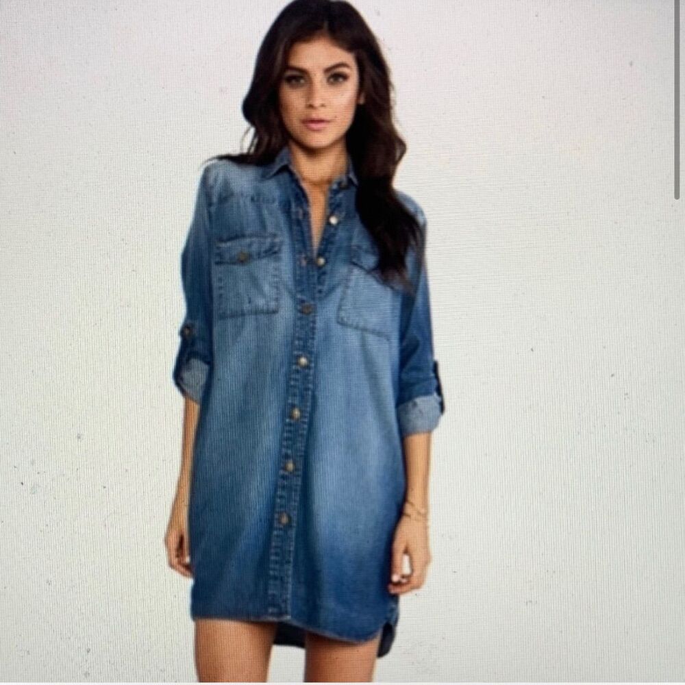Current/Elliot distressed blue button down denim chambray dress